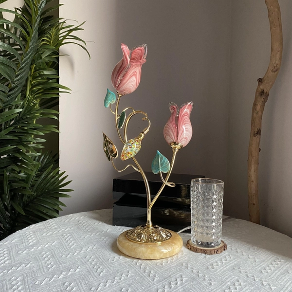 Pink Table Lamp With Tulip Flower Shades - Floral Desk Lamp With Brass Leaves And Jade Stone Base - Night Stand Lamp - Cute Home Decor
