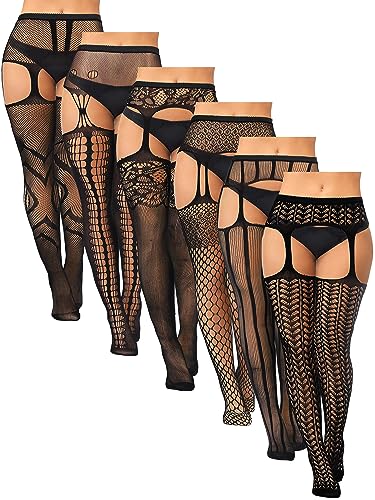 Jadive 6 Pairs Women Plus Size Fishnet Thigh High Stockings Suspender Garter Belt Lingerie Pantyhose Tights Fits XL-XXXXL - One Size Plus - Classic