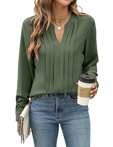Blooming Jelly Women's Dressy Casual Blouses Business Work Tops Long Sleeve V Neck Pleated Shirts 2024 Fall Outfits - Pleated Front - X-Large - Army Green