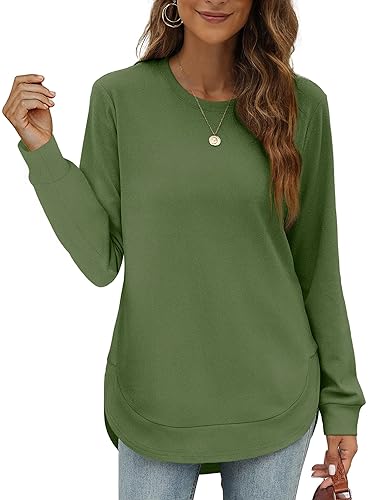 OFEEFAN Womens Sweatshirt Crewneck Long Sleeve Shirts High Low Tops Curved Hem - P-green - Medium