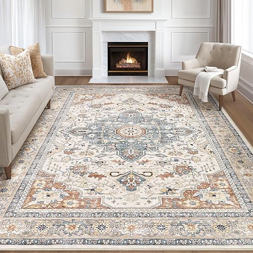 9x12 Area Rug Living Room Rugs: Large Soft Machine Washable Boho Vintage Stain Resistant Floral Bedroom Rug Neutral Farmhouse Low Pile Oriental Carpet for Dorm Nursery Dining Room Office- Beige Blue - Beige Blue - 9' x 12'