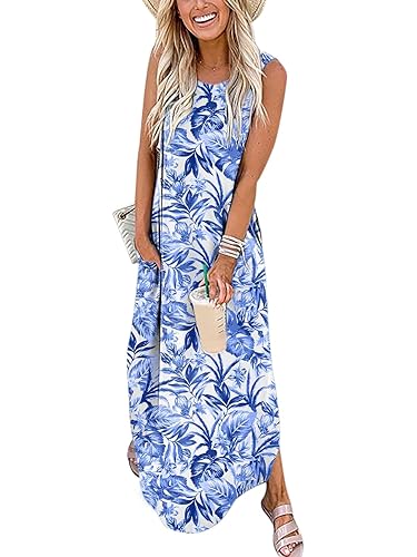 ANRABESS Women Casual Loose Sundress Sleeveless Split Maxi Long Beach Shirt Dress Travel Vacation 2025 Summer Outfits - Medium - Floral Blue White
