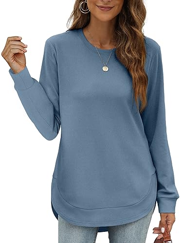 OFEEFAN Womens Sweatshirt Crewneck Long Sleeve Shirts High Low Tops Curved Hem - E-blue - Large
