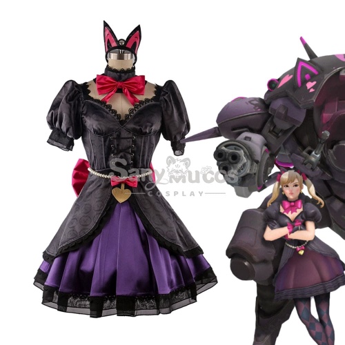【Custom-Tailor】Game Overwatch D.Va Black CatCosplay Costume Dress with Cat Ears set - S