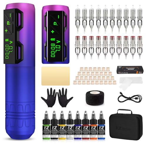 EZ Tattoo Gun Kit - Wireless Tattoo Machine Kit Complete with Rotary Tattoo Machine Pen, 20Pcs Tattoo Cartridge Needles, 1800mAh Power Supply Battery and 8 Color Tattoo Inks (P2S Purple) - Purple Gradient