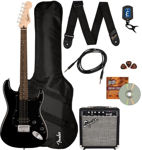 Fender Squier Sonic Stratocaster HT H - Black Bundle with Frontman 10G Amp, Tuner, Strap, Cable, Picks, and Austin Bazaar Guitar DVD - Bundle w/ Amp - Black HT H