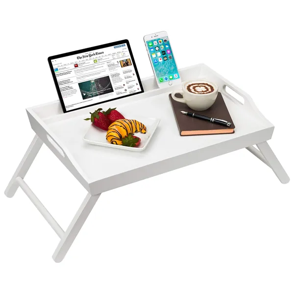 Rossie Home Wood Bed Tray, Lap Desk with Phone Holder - Fits up to 17.3 Inch Laptops and Most Tablets - Soft White - Style No. 78104