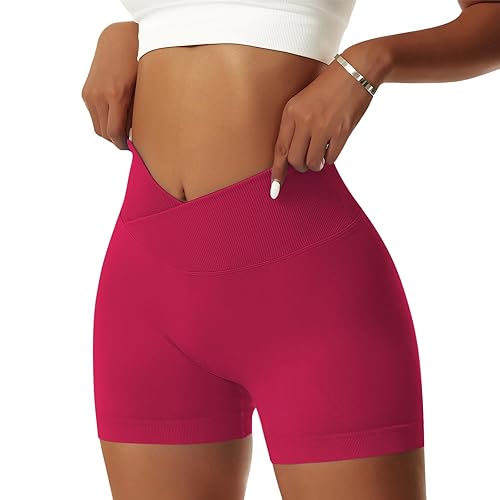 Vertvie Women's Workout Gym Shorts Booty V Cross Spandex Yoga Biker Shorts Scrunch Butt High Waisted Athletic Leggings - Medium - Red