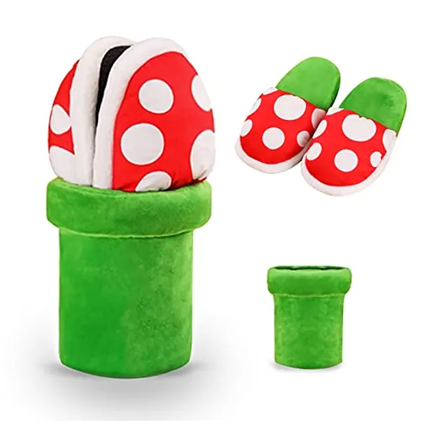LIN&BABAY Piranha Plants Slippers for Women Men Cute Cartoon Cotton Shoes with Green Pipe Pot Holder Valentine's Day Gifts