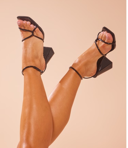 Black Wide Fit PU Patent Square Toe Strappy Block Heeled Sandals