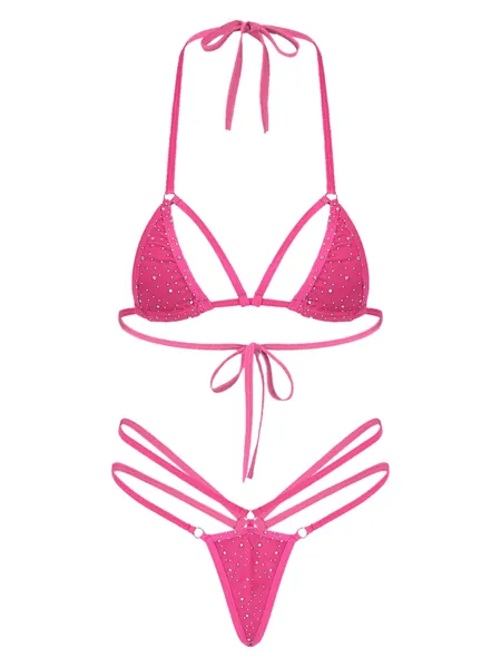 Loloda Women Shiny Rhinestone Two-Piece Strappy Bikini Set Micro Bikinis Mini Sunbath Beachwear - Hot Pink One Size