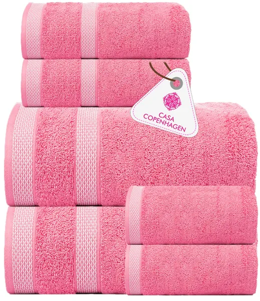 Casa Copenhagen Solitaire Designed in Denmark 600 GSM Hotel & Spa Decorative Kitchen & Bathroom Egyptian Cotton 6 Piece Towel Set, Includes 2 Bath Towels 2 Hand Towels 2 Washcloths – Pink - 6 Pcs Set Pink