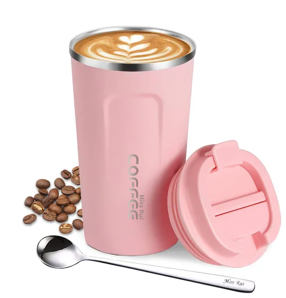 MissRui 17 oz Coffee Travel Mug, Insulated Reusable Coffee Cup Double Wall Stainless Steel Vacuum Insulation Tumbler with Leakproof Lid and Spoon for Home Office Hot/Cold Drinks (Pink) - 510ml/17oz Pink 02