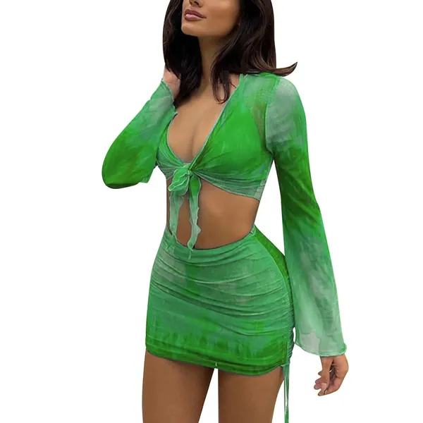 Women's Sheer Mesh Cover Up Dress Long Sleeves Crop Tops Bodycon Mini Skirt Y2k Sets Tie Dye Swimsuit Beachwear - Small Green