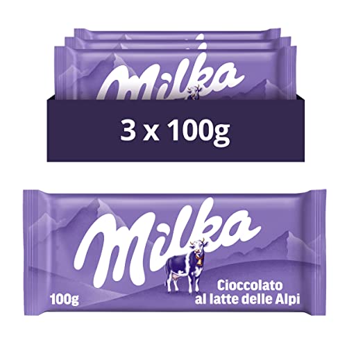 Milka, Cioccolato al Latte, Tavoletta di Cioccolato al Latte Classica, Latte 100% Alpino, Cacao Sostenibile, 3x100g (3 tavolette da 100g) - Latte delle Alpi