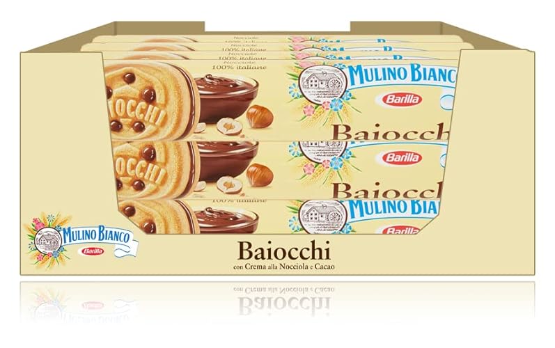 Mulino Bianco - Biscotti Baiocchi farciti con Crema alla Nocciola e Cacao - Tubo 168 g [Maxi Pack 12 Confezioni]