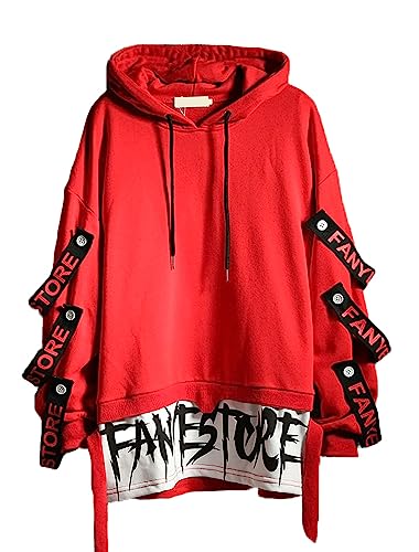 Hello MrLin Felpa con cappuccio da uomo hip hop giapponese Harajuku Streetwear Techwear Urban Pullover - XL - Rosso