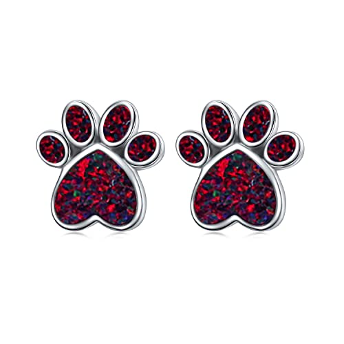 S925 Sterling Silver Jewelry Puppy Dog Cat Pet Paw Print Red Grey Black Simulated Opal Stud Earrings Gifts for Women