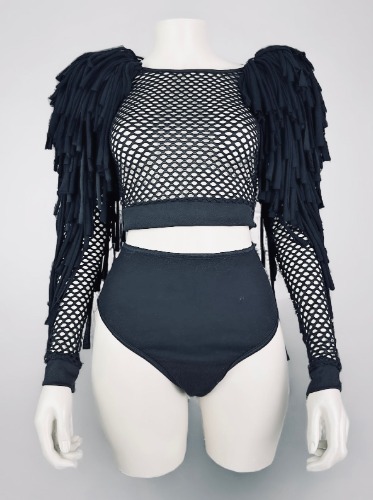 BADLANDS - Black Mesh Fringed Shoulder Crop Top no | U.K. 16-18/US 12-14