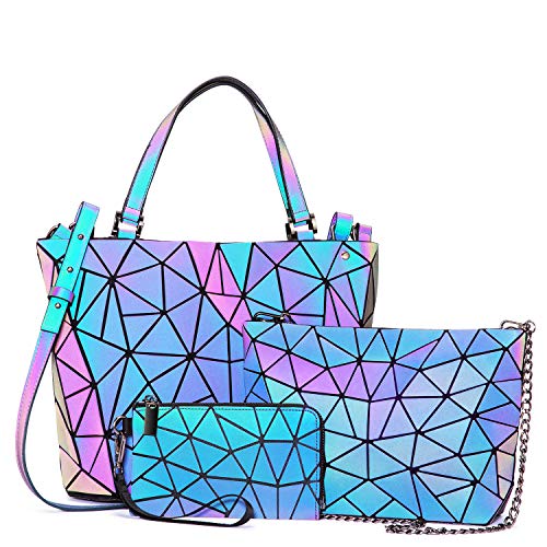Geometric Luminous Purses and Handbags for Women Holographic Reflective Bag Backpack Wallet Clutch Set - 3pcs Purse Sets