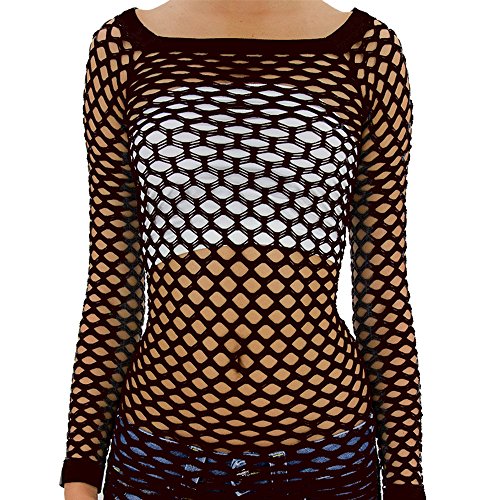 TD Women's Elastic Nylon-Spandex Long Sleeve Fishnet Layer Blouse Top - One Size - Black