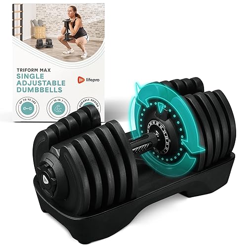 LifePro Adjustable Dumbbell Set/Single – 90lb, 25lb Dumbbells Set of 2, and Single piece - Quick Change Rotating Hand Weights for Women/Men at Home Gym Weight System, Ideal for Home Strength Training - 90Lbs Single Adjustable
