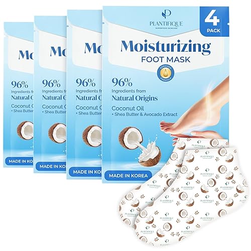 PLANTIFIQUE Korean Foot Mask Moisturizing 4 Pairs box for Dry & Cracked Feet - Hydrating Socks for Soft Heels - Intense Moisturizing and Repairing Dry Rough Skin - Foot Spa - Happy Feet Mask - Hydrating 4 Pairs