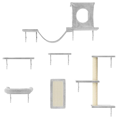 NUNU LAB Cat Wall Shelves, 6 Pcs Luxury Wall-Mounted Cat Climber Set, Indoor Cat Furniture with 1 Cat Condos House, 2 Cat Wall Shelves, 1 Cat Scratching Post, 1 Cat Bridge Ladder, 1 Cat Scratching Pad - PT001-Grey