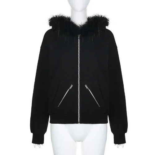 Goth 'Eternal Eclipse' Warm Zip Up Hooded Jacket - black / S