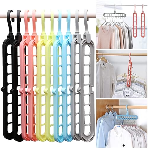 HEYHOUSE Closet Organizers and Storage,College Dorm Room Essentials,Pack of 10 Multifunctional Organizer Magic Space Saving Hangers with 9 Holes Storage Organization for Wardrobe Closet - Multicolor - 10 Pack