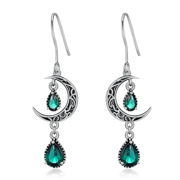 VONALA Moon Earrings for Women 925 Sterling Silver Celtic Moon Dangle Drop Earrings Emerald / Amethyst / Ruby / Sapphire/ Pink / Peridot / Aquamarine / Citrine / Black / Rainbow Topaz Dangling Earrings Celtic Jewelry Gifts for Women - Green