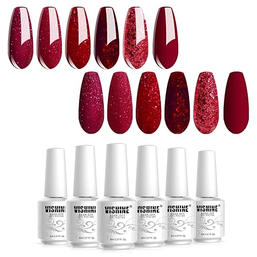 Vishine Lot d 6 Couleurs Rouge pailleté Semi-Permanent Soak Off UV LED Vernis à Ongles Gel Nail Polish Set Kits de Manucure 6 x 8ml - Lot #04 - 8 ml (Lot de 6)