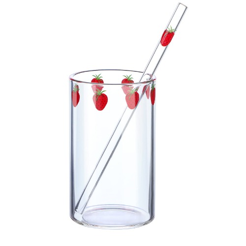 300ML Glass Cup with Straw, Clear Heat-Proof Water Cup Cute Strawberry Pattern Glasses Bottle for Water Milk Tea Home Office(1pcs)