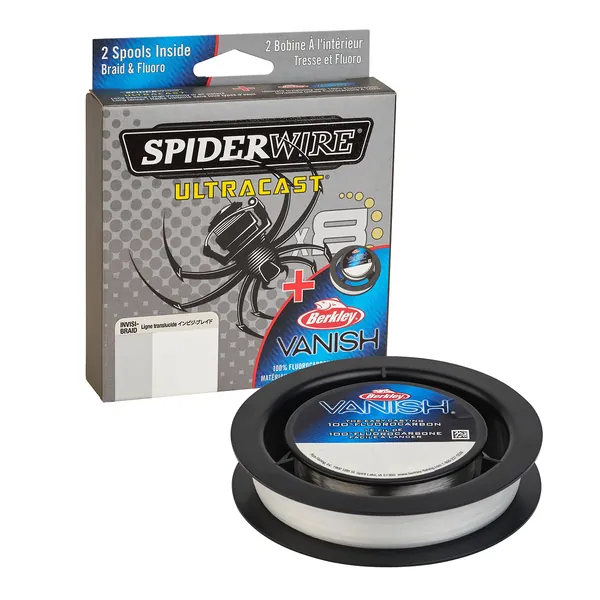 SpiderWire Ultracast Braid Vanish Fluorocarbon Dual Spool, 30lb Translucent Braid with 50lb Clear Fluoro Leader - 