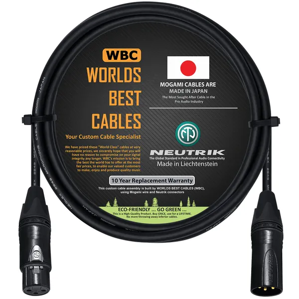 6 Foot - Balanced Microphone Cable CUSTOM MADE By WORLDS BEST CABLES - using Mogami 2549 (Black) wire and Neutrik NC3MXX-B & NC3FXX-B Gold XLR Plugs - 