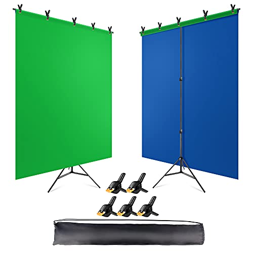 JEBUTU Green Blue Backdrop with Stand Kit 5 x 6.5 Ft, Double-sided Reversible Green Blue Screen with Portable T-Shaped Photograph Background Stand,5 Backdrop Clips for Video,TikTok,YouTube,Zoom,Gaming - 5x6.5ft Double-sided Reversible Green Blue Screen with 5x6.5ft Stand Kit