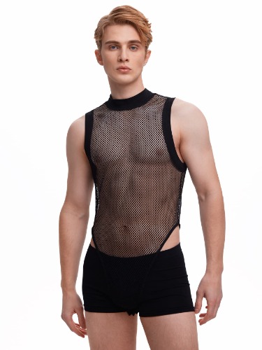 WDIRARA Men's Fishnet Mesh Mock Neck Tank Top