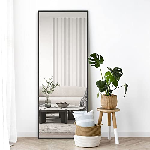 NeuType Full Length Mirror, Aluminum Alloy Thin Frame, 64"x21" Black, Wall Mirror Dressing Mirror, Hanging or Leaning Against Wall, Bedroom Mirror, Floor Mirror, Full Body Mirror, with Stand - Black - 64”x 21”