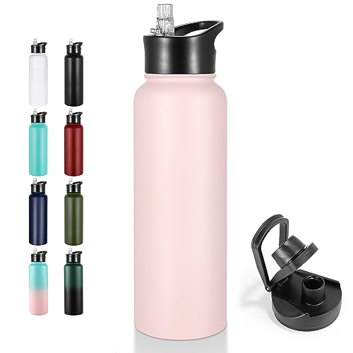VEGOND 40 oz Insulated Water Bottle Stainless Steel Metal Water Bottles with Leak Proof Straw Lid & Spout Lid, Wide Mouth Double Walled Vacuum Travel Sports Bottle,Pink - Pink - 40oz-1 Pack