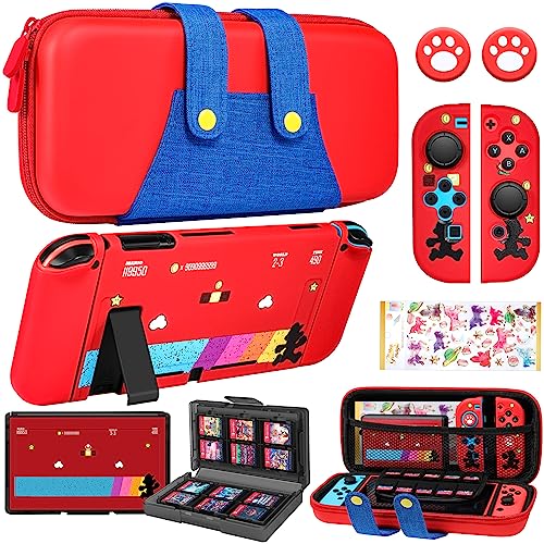 Gurgitat 8in1 Maro Switch Case for Nintendo Switch Carrying Cases & Storage Accessories Bundle Kit, Thumb Grips Button Caps+Game Card Holder+Dockable Cover Skin+Sticker for Switch Travle Pouch Bag - 1Red Blue Maro