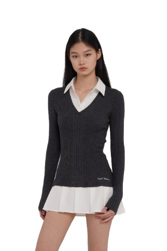 PATCHWORK PLEATED MINI DRESS （FAKE-2-PIECE） | S / DARK GREY