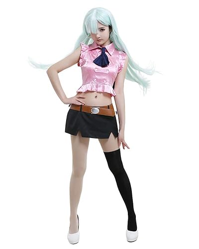 miccostumes Womens Costume Waitress Cosplay Uniform Pink Buttoned Shirt Mini Skirt with Socks - Small