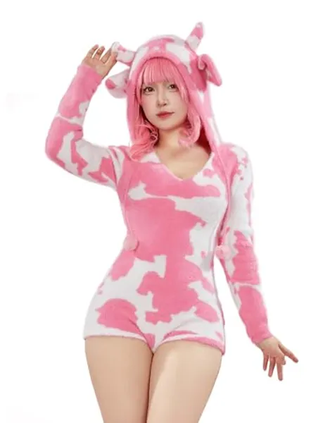 Mobbunny Women's Fuzzy Knit Sweater Pajamas Pink Cow Print Jumpsuit Fluffy Hooded Romper Bodysuit Onesies Pajamas Adult