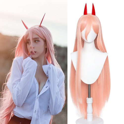Orange Cosplay Wig + Horns for Power Chainsaw Man Long Straight Ginger Anime Hair Wigs with Bangs+ Free Cap
