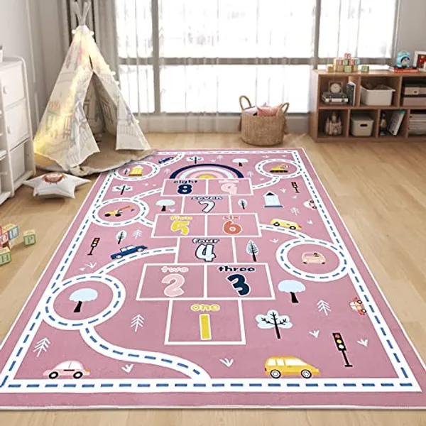 Abeigoi Hopscotch Car Rug 4x6Ft Kids Play Rug Mat Large Bedroom Carpet Playroom Rug for Kids Girls Nonslip Classroom Rug Children Numbers Educational Throw Rugs for Girls Room Decor, Pink