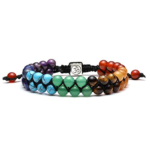 Top Plaza Bead Chakra Bracelet 7 Chakras Healing Crystals Bracelet Yoga Stone Beads Bracelets Meditation Relax Anxiety Bangle for Womens Mens - Colourful - 7 Chakra Bracelet - OM Charm