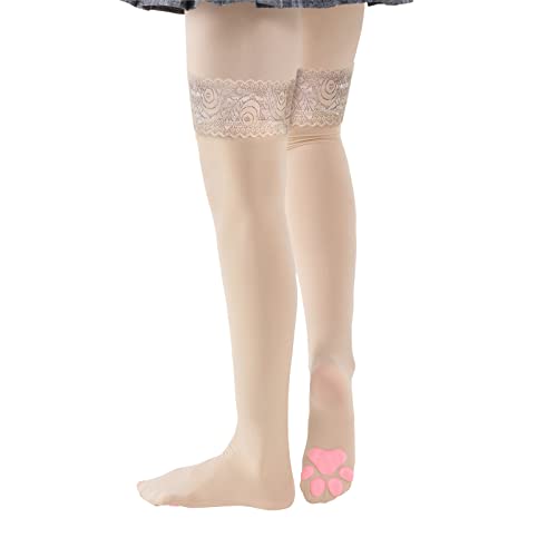 Littleforbig Thigh High Cosplay 3D Paw Pad Silicone Kitten Over The Knee Silk Stockings - Lace Nude-pink