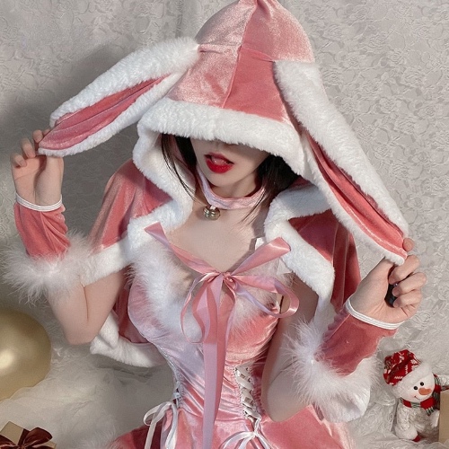 Hooded Pink Christmas Bunny Set - Outfit + Hooded Shawl