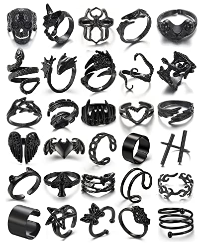 Black Gothic Vintage Rings Set - 30 PCS Adjustable Punk Skull Claw Rings Pack for Women,Open Emo Stacking Ring Set for Men Girls - black 2