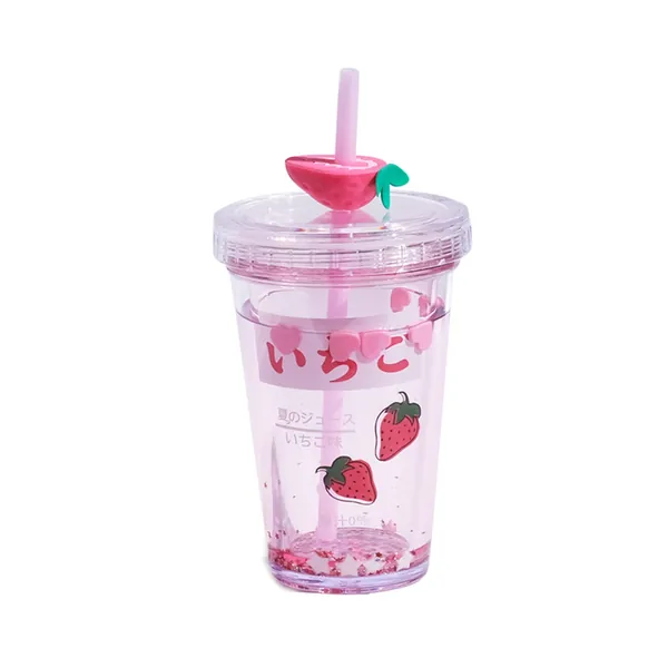 15oz Kawaii Water Bottle With Straw Glitter Double Wall Water Bottle With Straw Kawaii Cup Strawberry Water Bottle Kawaii Cups Kawaii Stuff Avocado Gifts Pink - Pink